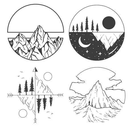 Mountains, sun and clouds in geometric shapes.のイラスト素材