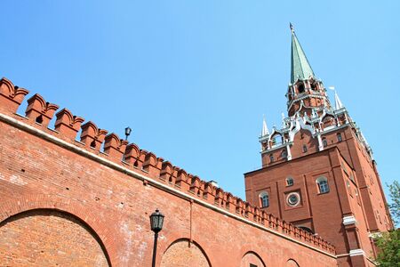 Troitskay tower with wall of Moscown Kremlin, Russiaの写真素材