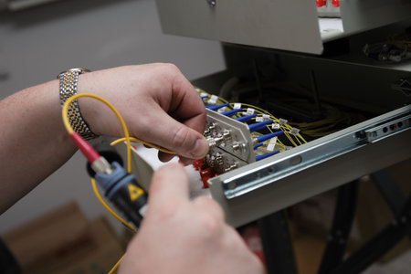 Engineer tests fiber-optic link by the reflectometer