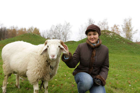 The girl poses with white sheep on lawnの写真素材