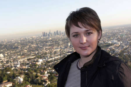 Portrait of girl on Los Angeles backgroundの写真素材
