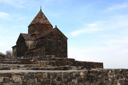 Church on top of a little peninsula in Lake Sevan, Armeniaの写真素材