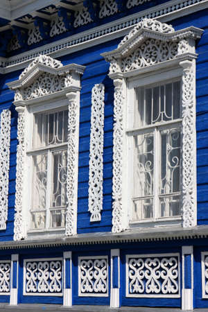 Fragment of a blue house in russian village の写真素材