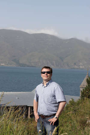 The happy man has vacation in Armeniaの写真素材