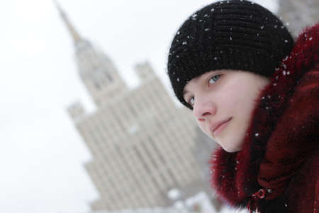 Thee teen poses on a building background, Moscowの写真素材