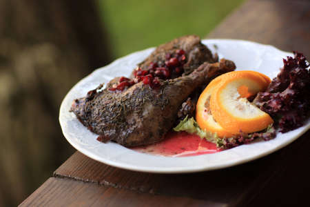 Roast duck and orange with pomegranate gravy at restaurantの写真素材