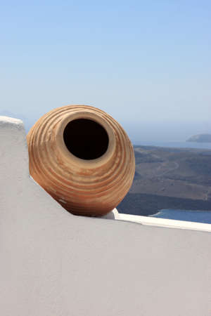 Clay pot is on wall, Santorini, Firaの写真素材