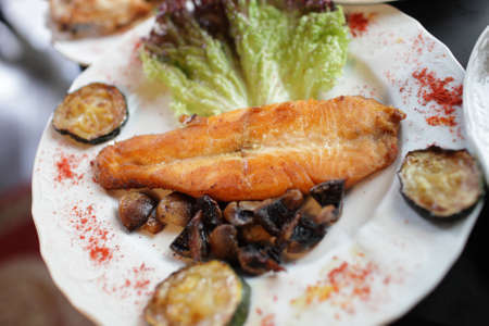 slice of grilled salmon in the restaurant