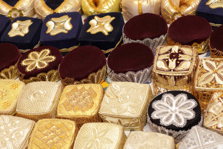 The national uzbek skullcaps in the store, Uzbekistanのeditorial素材