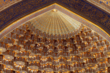 Golden dome of Tilya Kori Madrasah in Samarkand, Uzbekistanのeditorial素材