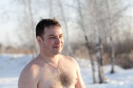 Siberian posing after winter swimming in the parkの写真素材