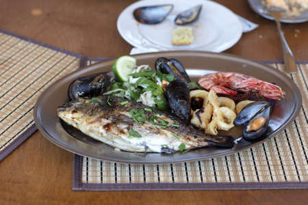 Mix fish plate in a seafood restaurantの写真素材