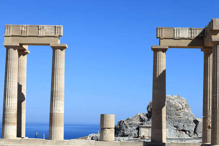 View of stoa at Lindos Acropolis, Rhodes, Greeceの写真素材