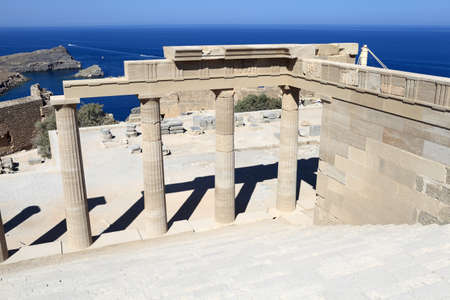Fragment of propylaea of Lindos Acropolis in summer, Rhodes, Greeceの写真素材