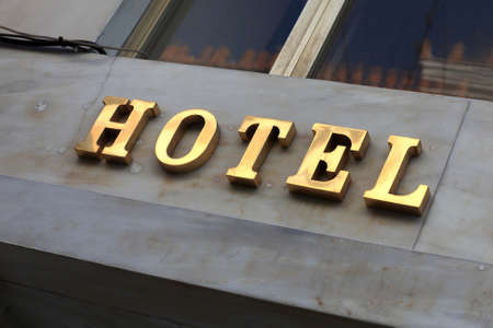 The golden hotel sign in Athens, Greeceの写真素材