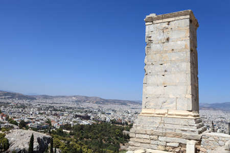 View of ancient Agrippa tower of the Acropolis Propylae in summer, Athens, Greeceの写真素材
