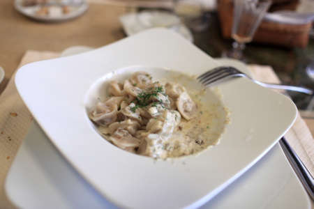 Pelmeni with mushrooms sauce on a white plate in the restaurantの写真素材