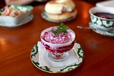 Plate of beetroot salad in a russian restaurantの写真素材