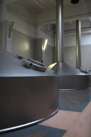 Part of stainless fermentation tanks of a modern breweryのeditorial素材