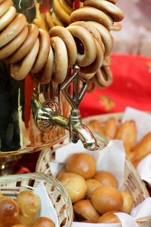 Samovar and bagels in a russian restaurantの写真素材