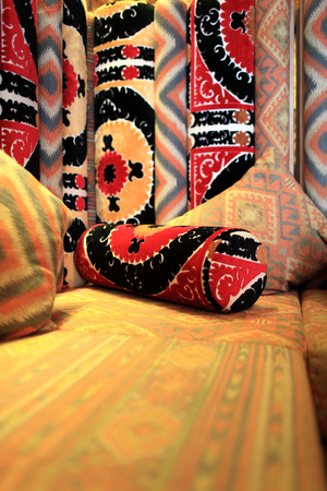 Cushion on sofa in an uzbek restaurantの写真素材