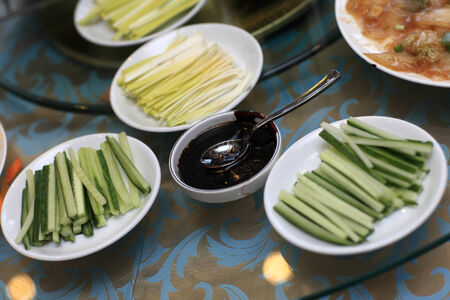 Set for peking duck in a chinese restaurantの写真素材
