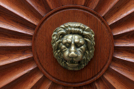 Brass lion on a wooden door in Pragueの写真素材