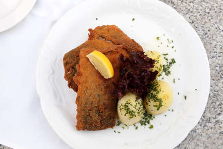 Fried carp on a plate in the czech restaurantの写真素材
