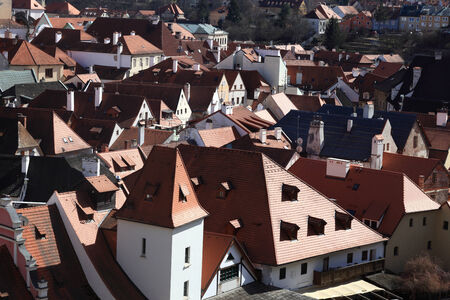 View of roofs of Cesky Krumlov town in Czech republicの写真素材