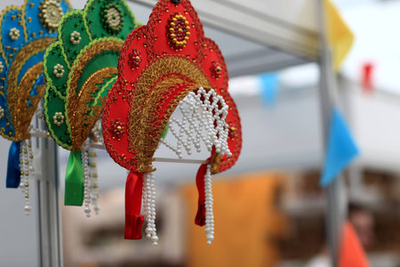 Russian female traditional headdress at a market
