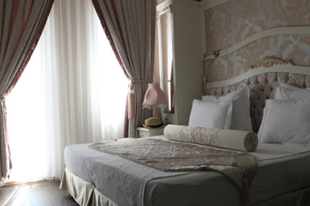 Details of double bed in the hotelのeditorial素材