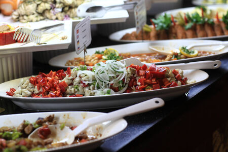 Plates with various salads at a buffetの写真素材