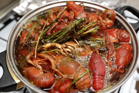 Cooking of crayfish with herb at a kitchenの写真素材