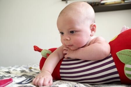 Newborn baby lying on a crawling roll at homeの写真素材