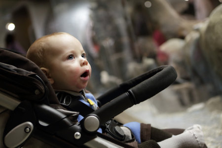 Surprised baby sitting on a stroller in the museum