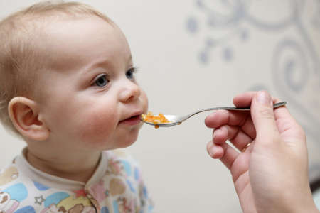 Hungry toddler has dinner from the mother's handの写真素材
