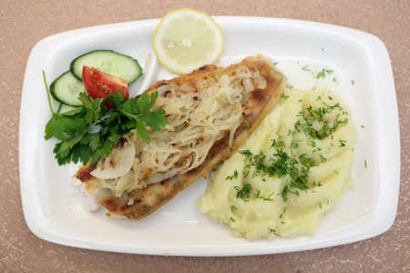 Baked fillet of pikeperch with mashed potatoesの写真素材