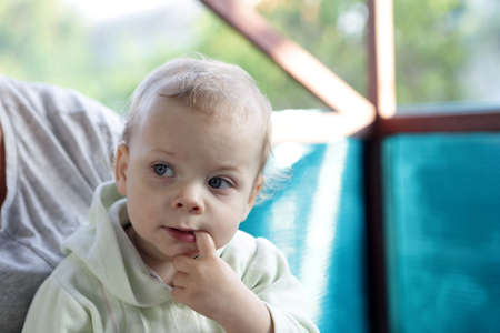 Portrait of a curious toddler at back yardの写真素材