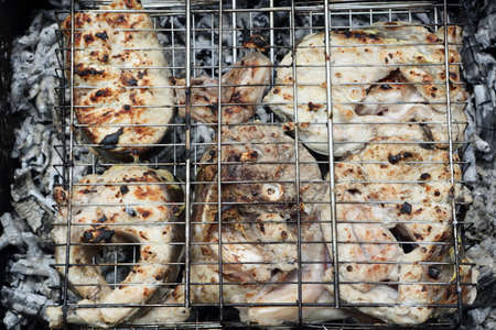 Cooking catfish slices on the grill on picnicの写真素材
