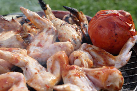 Chicken wings and tomato on the grill grate on picnicの写真素材