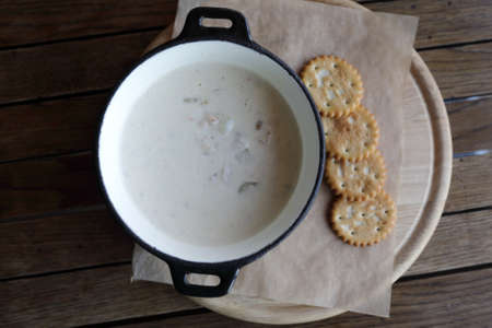 Clam chowder soup on table in a restaurant