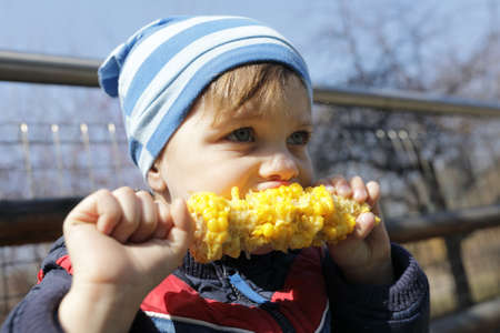 Portrait of child has corn in springの写真素材