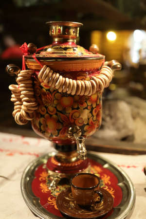 Russian samovar with bagels on a tableの写真素材