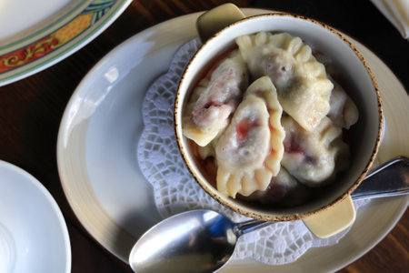 Vareniki stuffed with cherries in a cafeの写真素材