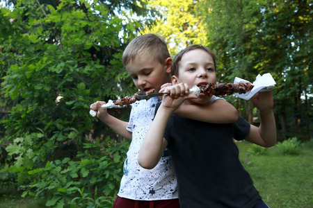 Brothers eating kebab at backyard in summer