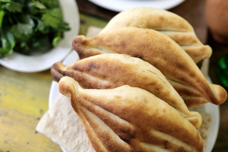 Plate with armenian bread in a restaurantの写真素材