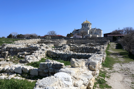 Vladimirsky Cathedral and Ruins of Chersonese in springの写真素材