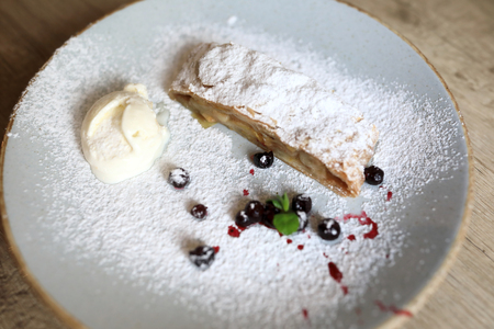 Strudel on a plate in the restaurantの写真素材