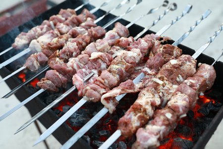 Cooking pork neck kebab on skewers on picnicの写真素材