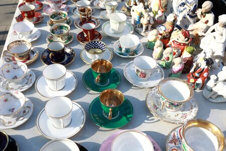 Secondhand coffee and tea cups in swap meet, Tbilisi, Georgia